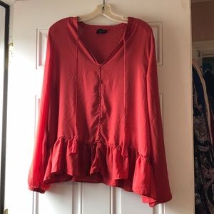 Long sleeve blouse V-neck with drawstrings